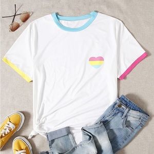 SHEIN - White Top with Rainbow Heart TShirt